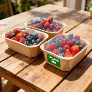 Biodegradable Food Grade Kraft Paper Fruit Tray with Cling Film Seal