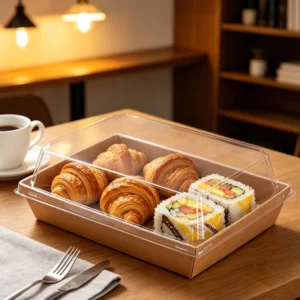 Biodegradable Kraft Paper Food Container with Clear PET Lid for Cakes, Sandwiches, Croissants, and Bakery Products