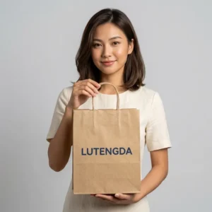 Biodegradable Kraft Paper Shopping Bag with Flexo Printed Die Cut Handle and Ribbon for Gift Packaging