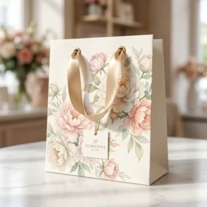 Biodegradable Paper Shopping Gift Bag with Watercolor Flower Print, Peony Pattern, and Custom Hang Tag