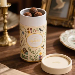 Biodegradable Round Cylinder Paper Canister, Food Grade Composite Snack Packaging for Chocolate, Cookies, Candy, Coffee, and Nuts