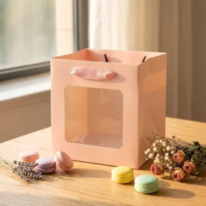 Biodegradable Window Kraft Pink Cardboard Paper Packaging Bag with Customized Bag with Transparent Window Bottom with