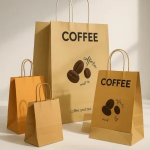 Black Flexo-Printed Thick Recycled Brown Paper Food Bags With Twisted Handles for Restaurants, Coffee Shops, Tea, and Beer