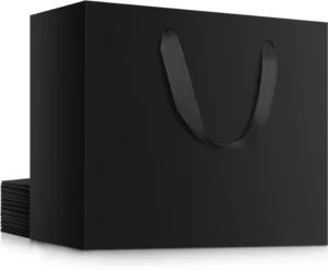 Black Kraft Paper Shopping Bags with Handles and Ribbon Accessory for Parties, Boutiques, and Supermarkets