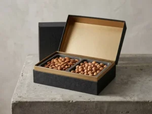 Black Matte Rigid Gift Box with Gold Interior and Compartment Tray for Nut and Snack Gifting