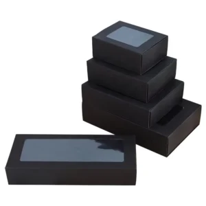 Black Vintage Kraft Paper Gift Box with Transparent Opening Window, Handmade for Exhibition with Embossed Printing