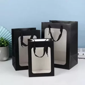 Black, White, and Pink Paper Gift Bags with Transparent Window and Handles for Flower Packaging, Retail, and Events