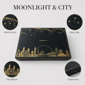 Black and Gold Mooncake Gift Paper Box with Moonlight City Starry Night Design for Mid-Autumn Festival Factory