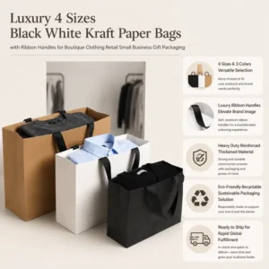 Black and White Kraft Paper Bags in 4 Sizes with Ribbon Handles