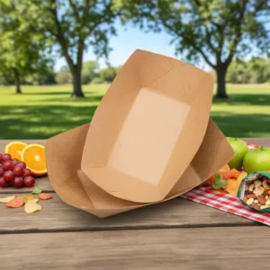 Boat-Shape Kraft Paper Open Tray, Non-Folding Disposable for Camping, Party, Barbecue, French Fries, Chicken, Rice