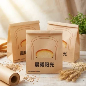 Bread Packaging Bag with Insert Card, Kraft White Paper, Flat Bottom, Square Stand-Up Design, PET Film Window, Food Grade