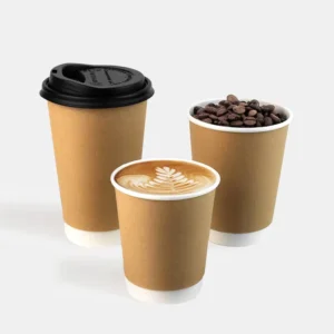 Brown Disposable Single- and Double-Wall Ripple Kraft Paper Coffee Cups with Lids