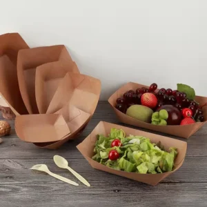 Brown Food Grade Ivory Paper Boat Shape Tray for Sushi and Street Snack Disposable Eco-Friendly Packaging