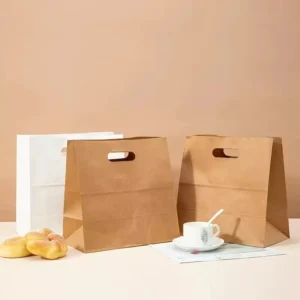 Brown Kraft Paper Bag Custom Printed Fast Food Takeaway Restaurant Bag with Ribbon Handle Recycled Materials