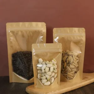 Brown Kraft Paper Doypack Packaging Pouches Clear Window Ziplock Resealable Heat Sealable Recyclable Gravure Printed for Sugar