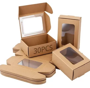 Brown Kraft Paper Foldable Corrugated Gift Box with Transparent PVC Window, Custom Logo, for Bakery, Soap, and Candy Packaging