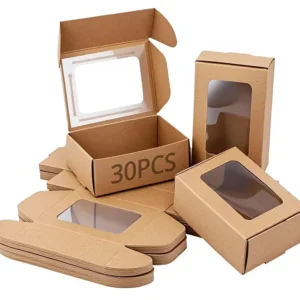 Brown Kraft Paper Foldable Corrugated Gift Box with Transparent PVC Window, Custom Logo, for Bakery, Soap, and Candy Packaging