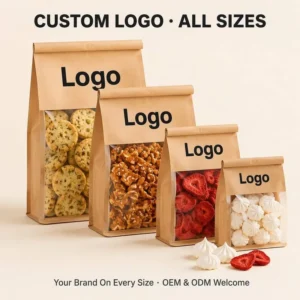 Brown Kraft Paper Food-Grade Bag with Window, Blank Tin Tie, Flat Bottom, Small or Large Size, for Cookies, Nuts, Dried Fruit, and Snacks