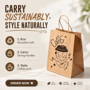 Brown Kraft Paper Gift Bags with Custom Printing, Fast Food Takeaway Twisted Handles