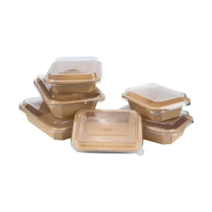 Brown Kraft Paper Rectangle Food Tray with Plastic Lid for Street Foods Takeaway