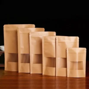 Brown Kraft Paper Stand-Up Pouch with Window for Dry Food, Custom Print