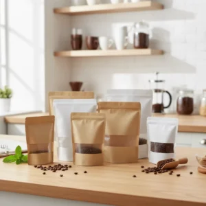 Brown White Kraft Paper Reusable Zipper Sealed Standup Pouch Food Packaging for Nuts Snacks Coffee with Window