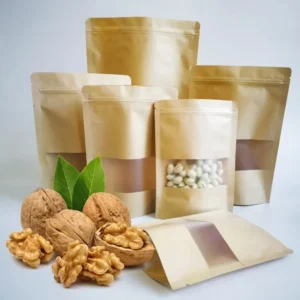 Brown White Kraft Paper Stand-Up Pouch Laminated Waterproof Self-Sealing Bag With Clear Window For Snacks Nuts Coffee
