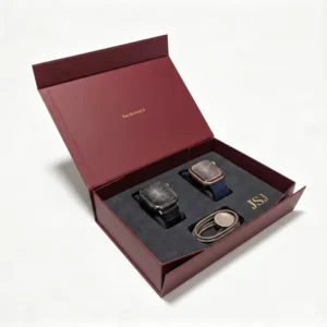 Burgundy Dual Smart Watch Gift Box with Custom Foam Insert for Couples