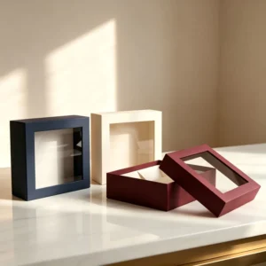 Burgundy Specialty Paper Gift Box with Clear Window Foldable Lid and Base Rigid Jewelry Packaging