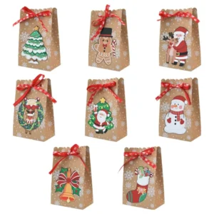 Christmas Kraft Paper Bags Holiday Gift Bags Colorful Cards Party Favors Candy Packaging Bags