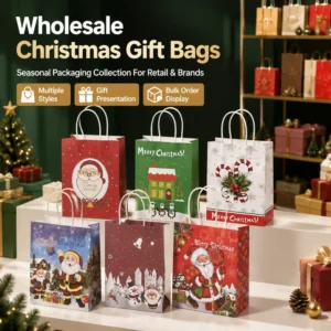 Christmas Snowflake and Tree Pattern Paper Gift Bag with UV Handle for Holiday Party Shopping and Present Packaging
