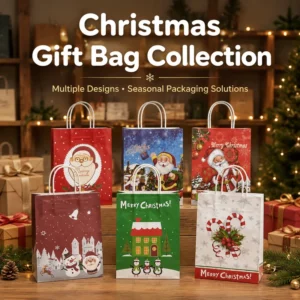 Christmas Snowflake and Tree Printed UV Handle Paper Gift Bag for Holiday Party Shopping Packaging