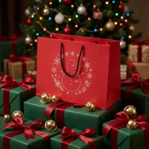 Christmas White Kraft Paper Gift Tote Bag with Twisted Handles, Reusable, Recyclable, Laminated, UV Finish