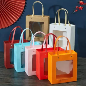Classic Biodegradable 300gsm Windowed Coated Paper Bag with Drawstring and Digital Printing for Bakery and Cake