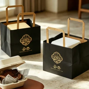Classic Black Biodegradable Durable Kraft Paper Eco Friendly Takeaway Bags with Paper Handles Custom Gold Logo Printed