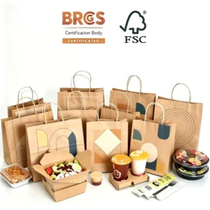 Classic Eco Friendly Kraft Paper Bag Handle Disposable Recyclable Biodegradable Custom Printed Takeaway Bag Restaurant Food