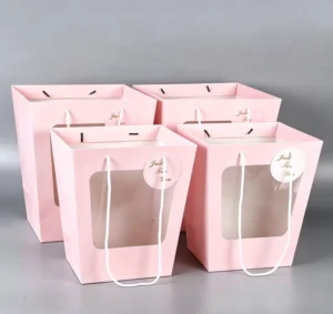 Classic Ivory Board Flower Bags with Clear Window, Pink and White, Reusable Handles