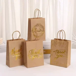 Classic Recyclable Kraft Gift Paper Bags with Twisted Handles Hot Stamping Custom Logo & Thank You Message