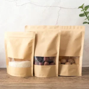Classic Stand-Up Kraft Paper Bag with Clear Window, Zipper, and Waterproof Finish for Sugar and Food Packaging