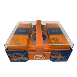 Clear Acrylic-Cover Mooncake Gift Packing Box with Leather Handle and Rigid Paper Base