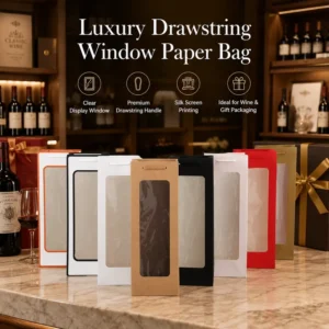 Clear Window Paper Gift Bag with Drawstring Handle for Wine Bottle Retail Packaging