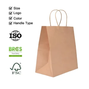 Commercial Grade Food Service Kraft Paper Bags Secure Handle Customizable Logo Size Color Drink Packaging Paper Bag
