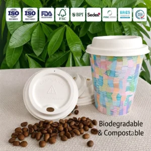 Compostable Bagasse Paper Coffee Cup With Lid Fit for 8oz 12oz 16oz Hot Drink Cup