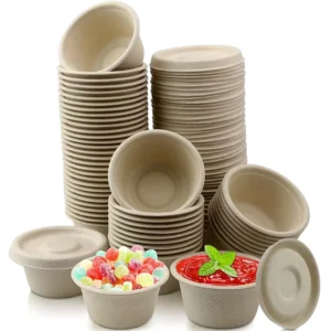 Compostable Natural Bagasse Fiber Condiment Cups with Lids for Sauce and Food Samples