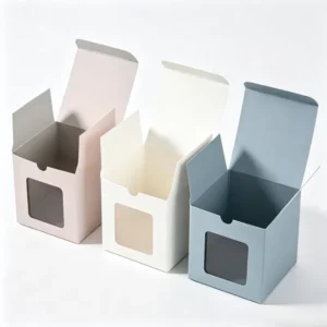 Cube Kraft Paper Rigid Gift Box with Transparent PVC Window and Embossing for Small Toys, Dolls and Cups