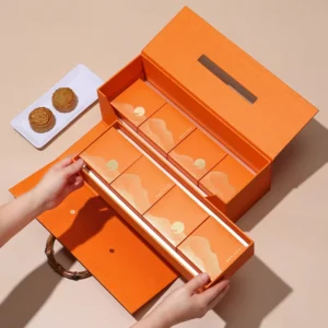 Custom 36*13*12.5cm Red/Orange Paperboard Mooncake Gift Box with Handle