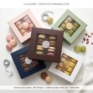 Custom 8-Macaron Box with PET Insert, Rigid, Gold Foil Window