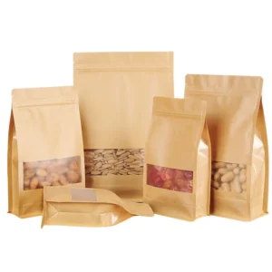 Custom 8 Side Seal Flat Bottom Zipper Bag Brown Kraft Paper Window Bag