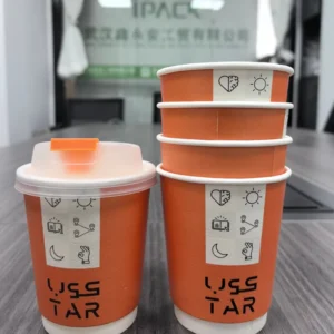 Custom Biodegradable Imitation Leather Double-Wall Paper Coffee Cups, Hot Stamping, Embossed, Orange Lid