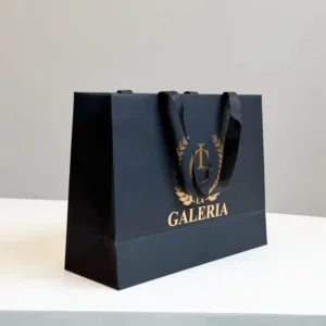 Custom Black Cardboard Gift Shopping Bag with Ribbon Bows and Printed Brand Name